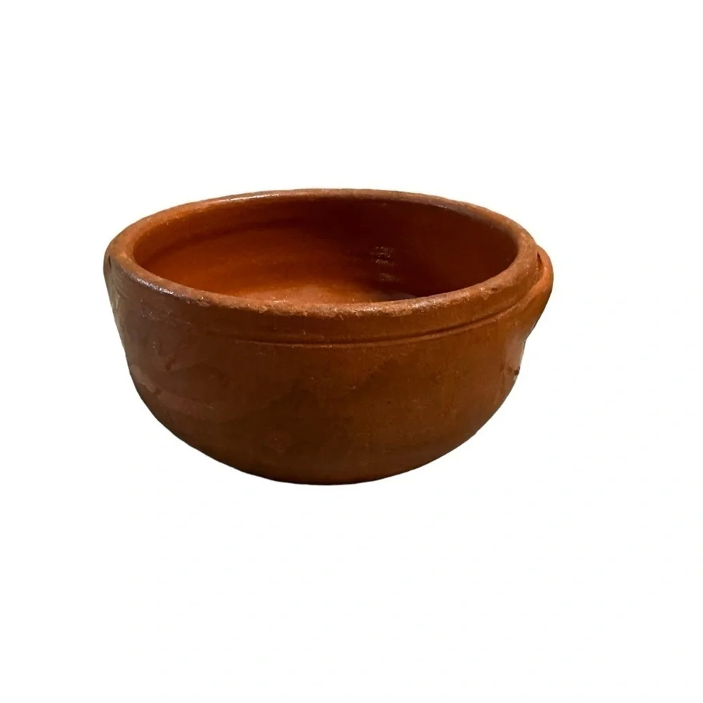 Terracotta Clay Bowl with Handles for Cook Mexican Partially Glazed Signed